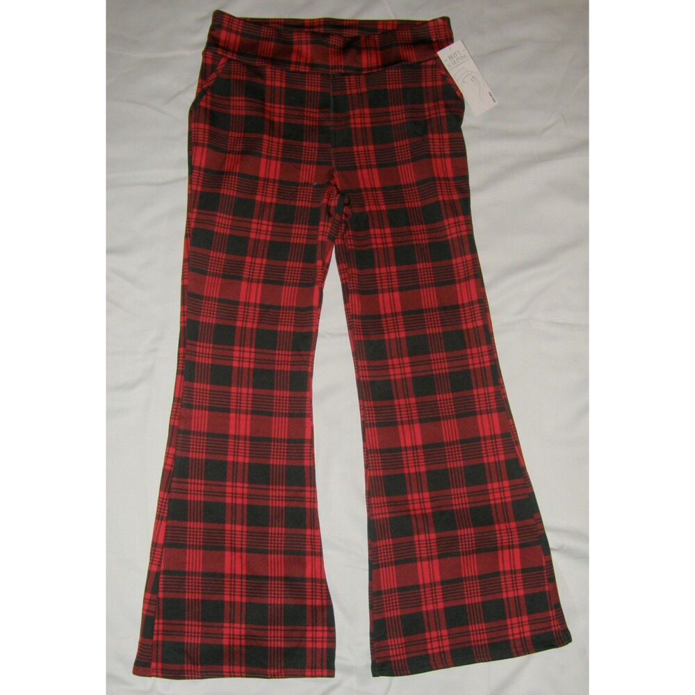 SHOSHO Red Plaid Sz 2X Stretchy Pull On BUTT SCULPTING Flared Pants Pockets NEW